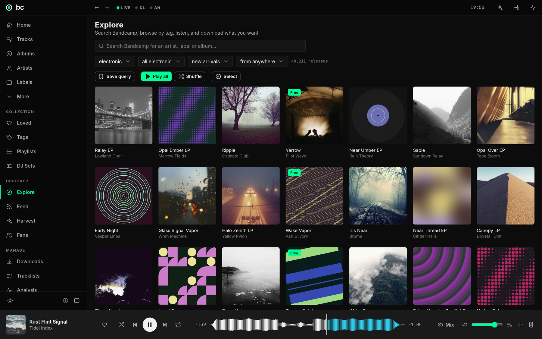 Explore in bc: new electronic arrivals as a grid of covers with filters for genre, sort and location (demo content).