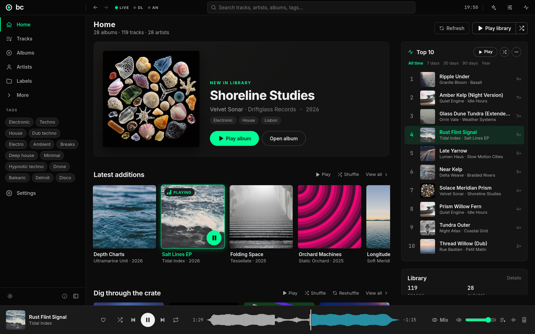 The bc home screen with a demo library: the newest release, latest additions, the all-time Top 10 and the player bar with a waveform.