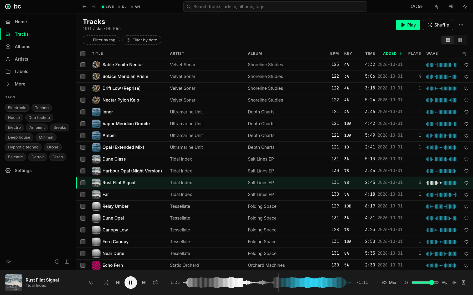 The bc track list with a demo library: title, artist, album, BPM, key, time, date added, plays and a waveform per row, with tag filters in the sidebar.